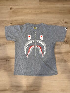 Bape A Bathing Ape Small Grey TShirt w/Red and White Shark Zip Graphic